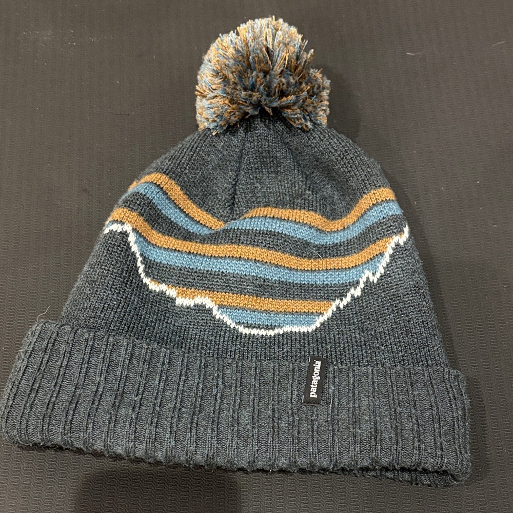 Patagonia Charcoal Beanie with Blue and Gold Stripes